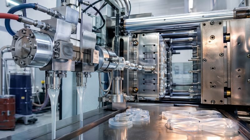 Liquid silicone rubber injection molding process in an industrial manufacturing facility