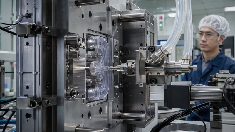 Liquid silicone rubber injection molding machine dispensing LSR into a precision mold on an industrial production line