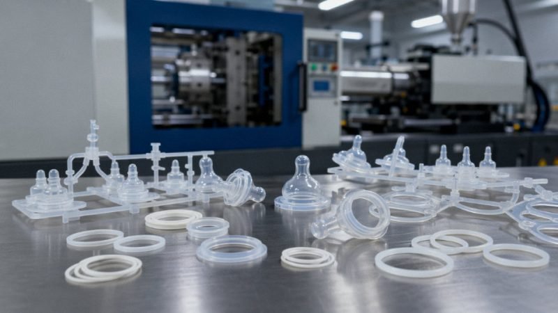 Translucent liquid silicone rubber components including medical seals and food-contact parts arranged on a clean industrial surface