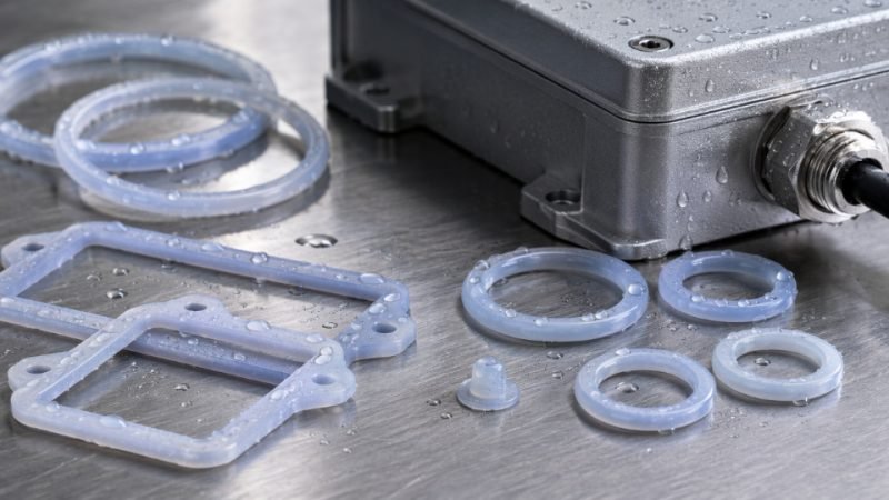 LSR gasket and O-ring components arranged next to an IP68-rated industrial enclosure with water droplets beading on the silicone surface