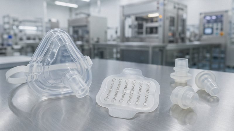 Medical-grade LSR components including neonatal mask, wearable sensor patch, and catheter seals arranged on a cleanroom surface