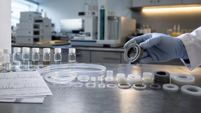 Array of industrial silicone components — seals, tubing, and gaskets — arranged on a laboratory workbench beside analytical testing equipment