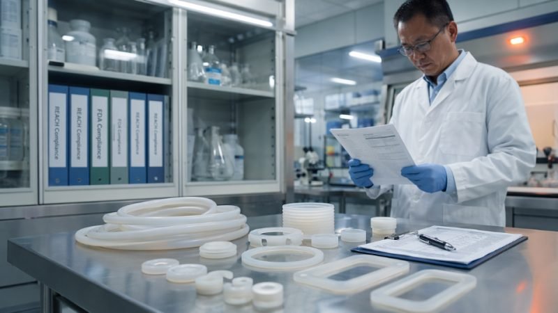Industrial silicone components arranged alongside regulatory compliance documentation in a laboratory setting