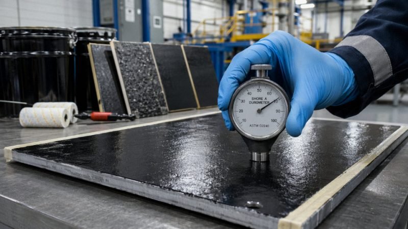 Technician testing a cured liquid rubber coating in an industrial workshop
