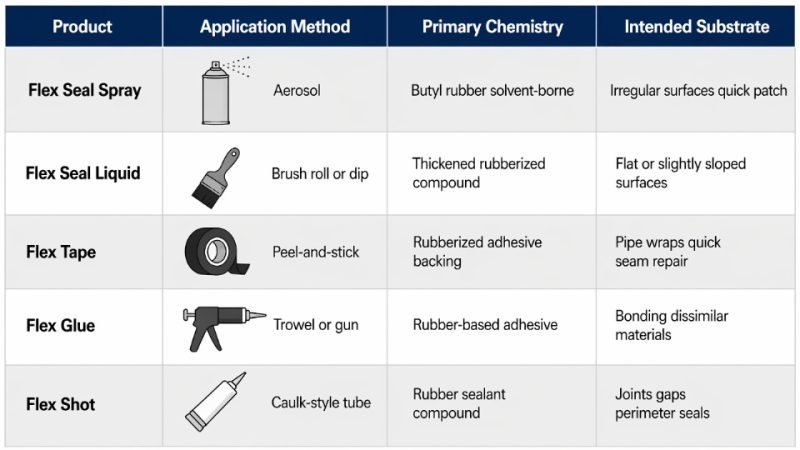 Flat vector comparison table diagram showing Flex Seal product line SKUs with their application method, primary chemistry, and intended substrate for each product