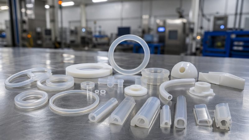 Precision liquid silicone rubber components arrayed on a stainless steel surface in an industrial manufacturing facility