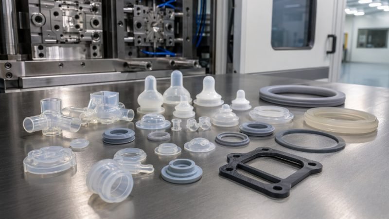 Multiple LSR molded components arranged on a stainless steel surface showing medical, automotive, and food-contact applications