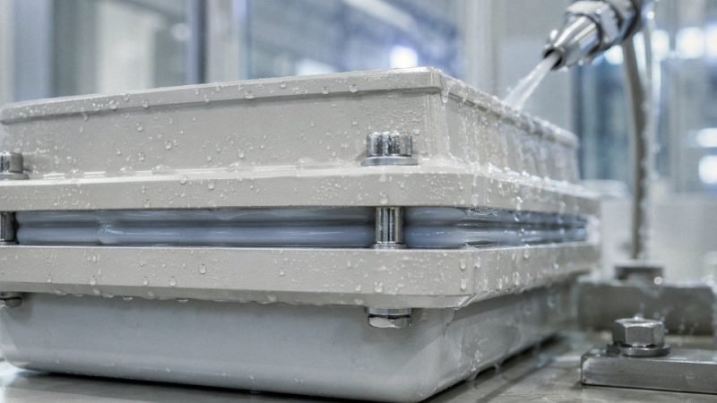 Liquid silicone rubber gasket sealing an industrial enclosure against water spray.