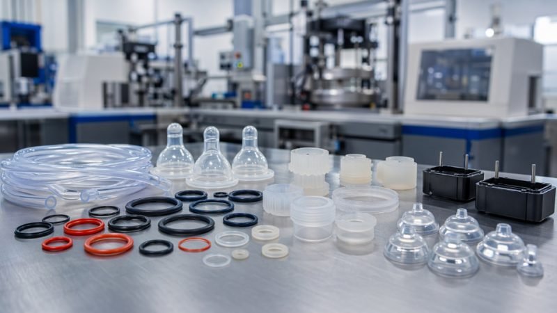 液态硅橡胶零部件应用展示，涵盖医疗、汽车和电子行业