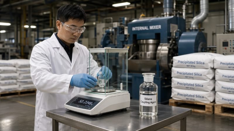 Industrial technician measuring silane coupling agent dosage on a precision balance beside bags of precipitated silica in a compounding facility