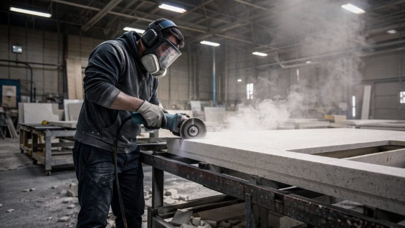 Industrial worker in full respiratory protection cutting engineered stone on a fabrication shop floor, visible dust cloud in the air