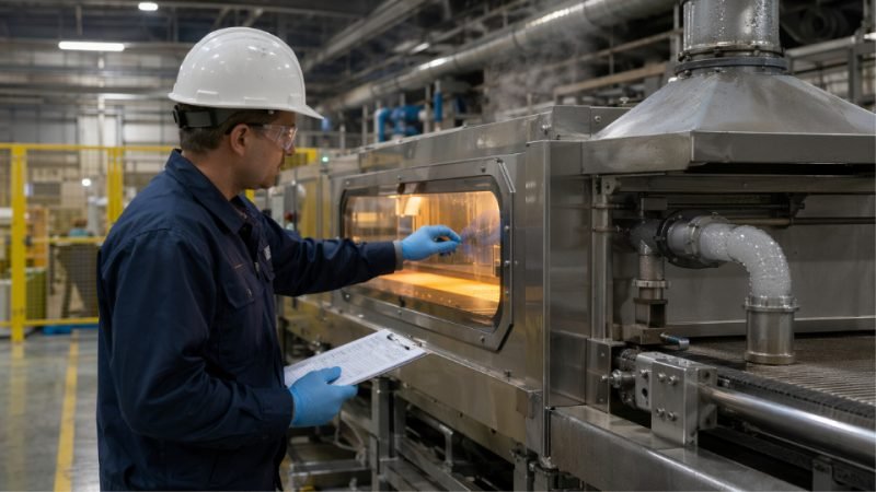 Industrial maintenance technician inspecting a silicone oven-curing line in a chemical manufacturing facility