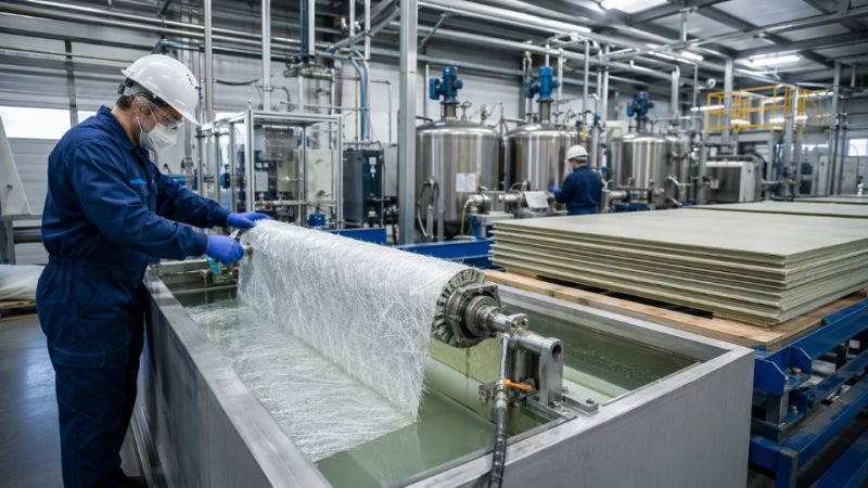 Industrial composite manufacturing line showing glass fiber reinforced panels being processed with silane coupling agent treatment