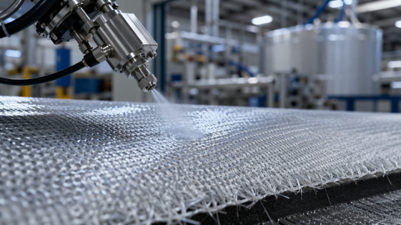 Close-up of glass fiber composite panel being treated with silane coupling agent in an industrial manufacturing environment