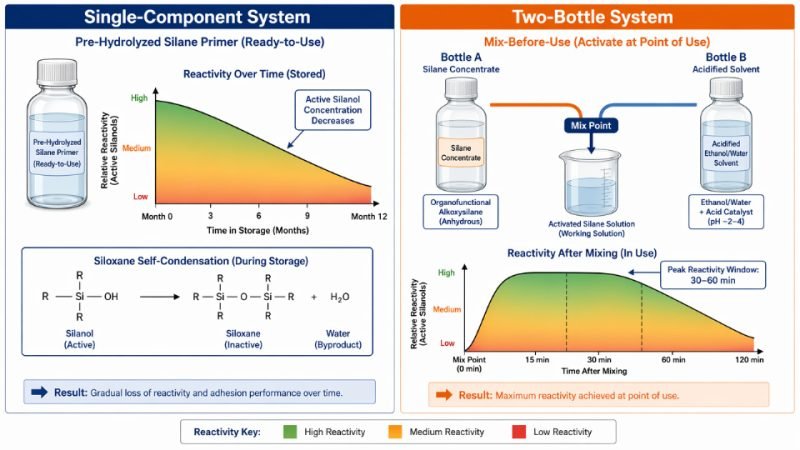 Comparison diagram of single-component versus two-bottle dental silane primer systems showing shelf life degradation and reactivity over time