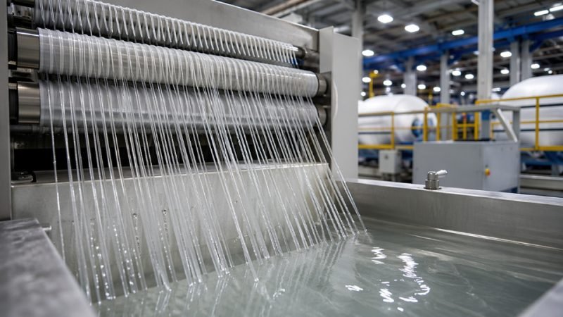 Silane coupling agent being applied to glass fiber rovings in an industrial electronics materials production facility