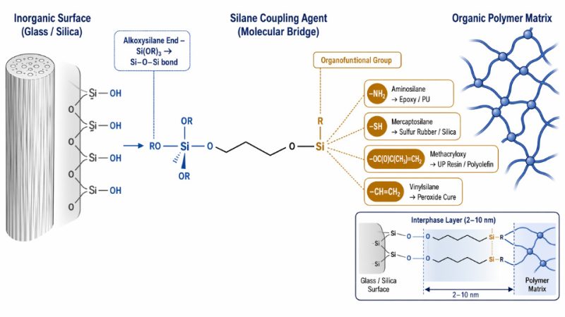 Flat engineering diagram showing a silane coupling agent bridging an inorganic glass fiber surface and an organic polymer matrix, with labeled functional groups