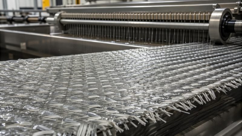 Close-up of glass fiber reinforced composite panel at a manufacturing facility with silane treatment equipment visible in the background