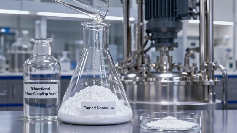 Close-up of silane coupling agent molecular bridging between nanosilica particles and polymer matrix in an industrial compounding environment