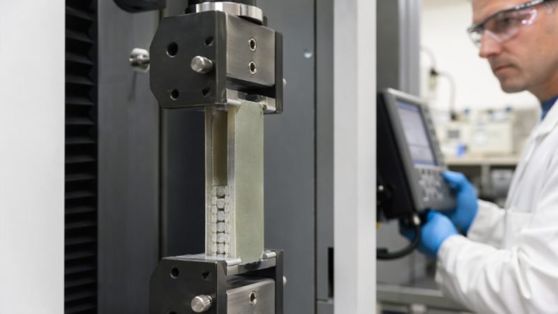 Close-up of glass fiber composite panel at a fiber–matrix interface being tested for tensile strength in an industrial laboratory