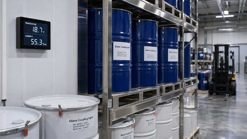 Sealed industrial drums of silane coupling agent stored on warehouse racking with temperature and humidity monitoring equipment visible