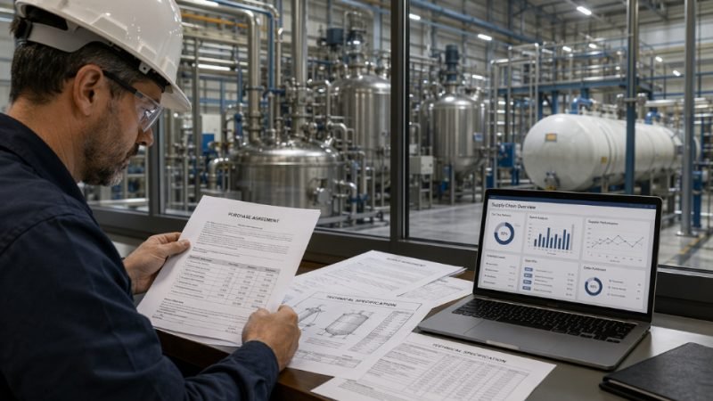 Industrial procurement manager reviewing a silane coupling agent supply agreement at a chemical plant