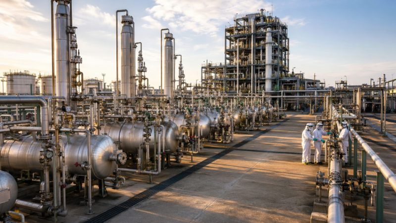 Industrial chemical plant producing silane coupling agents with storage tanks and distillation columns