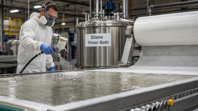Industrial worker applying silane coupling agent primer to glass fiber composite panels on a manufacturing line