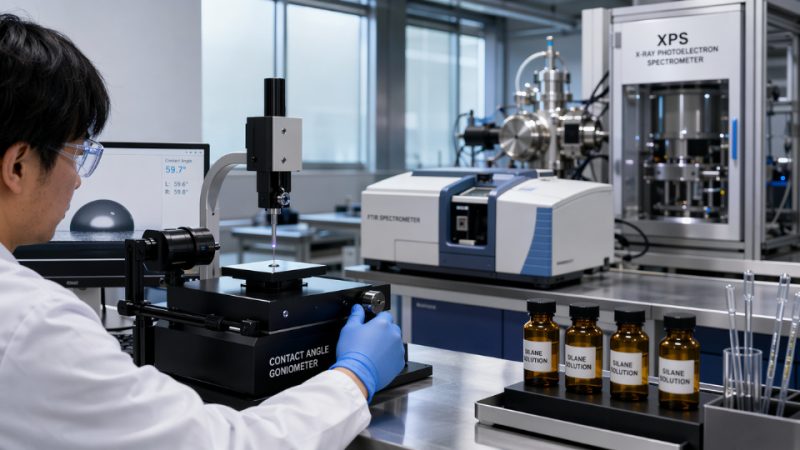 Laboratory technician conducting silane coupling agent surface analysis using multiple analytical instruments in an industrial testing environment