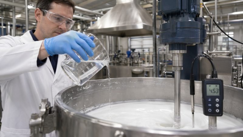 Industrial technician adding silane coupling agent to a water-based coating formulation tank in a manufacturing facility