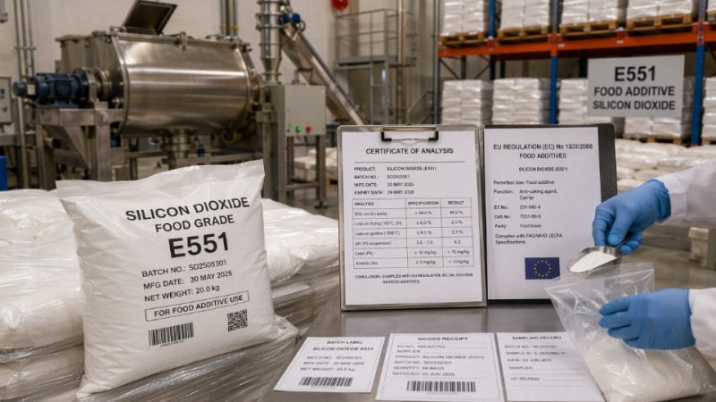 Food-grade silicon dioxide bags and EU compliance documents in an industrial powder processing area