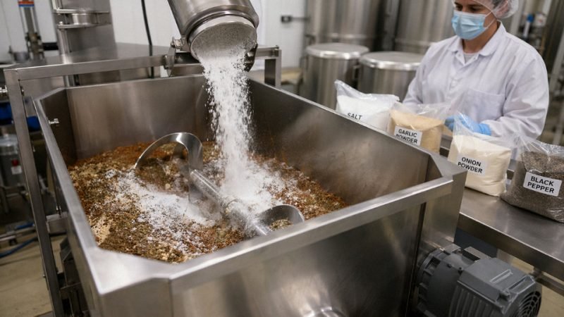 Food-grade silicon dioxide being used in an industrial dry powder blending line.