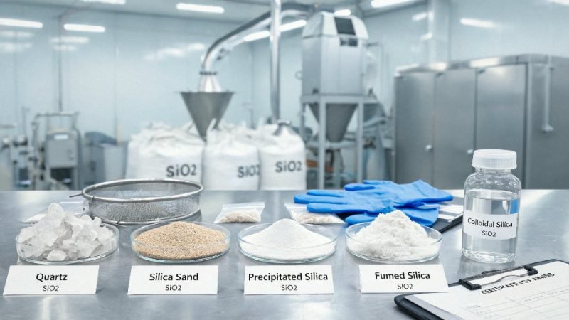 Industrial silica materials in labeled containers on a plant floor