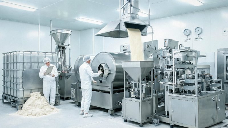 Food-grade powder blend flowing through stainless steel processing equipment in an organic dry mix plant.