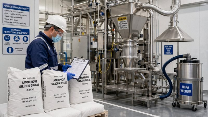 Safety engineer reviewing silicon dioxide handling in an industrial powder plant