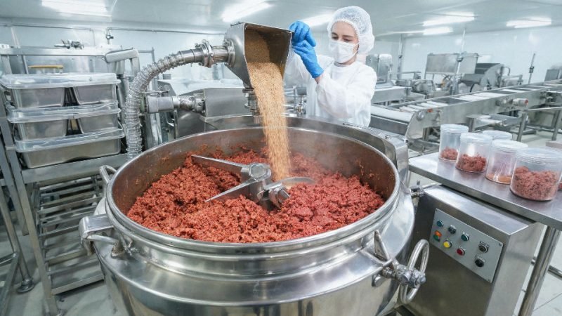 Seasoned beef production line with dry seasoning being added in a food plant