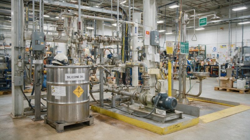 Industrial drum of silicone oil stored near acid service equipment in a chemical plant