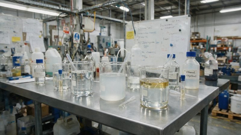Laboratory comparison of silicone oil and alcohol blend behavior in clear beakers