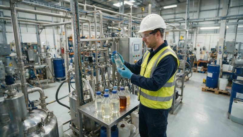 Industrial silicone oil and alkali exposure in a processing plant