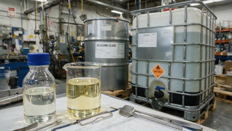 Clear silicone oil sample beside industrial drums in a plant receiving area