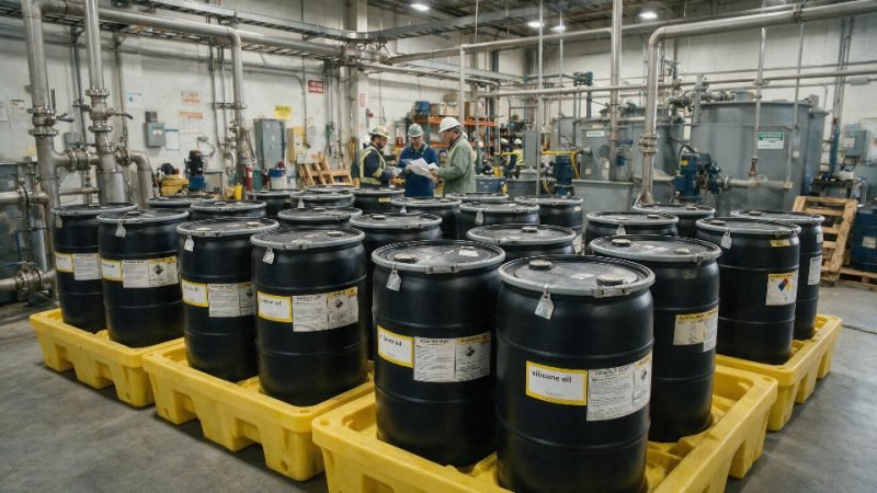 Industrial silicone oil drums in a factory waste handling area