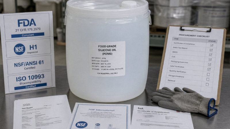 Multiple certification labels and a drum of food-grade silicone oil on an industrial procurement desk