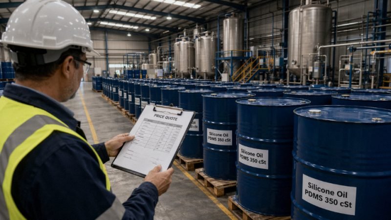 Rows of industrial silicone oil drums in a chemical warehouse with a procurement clipboard in the foreground