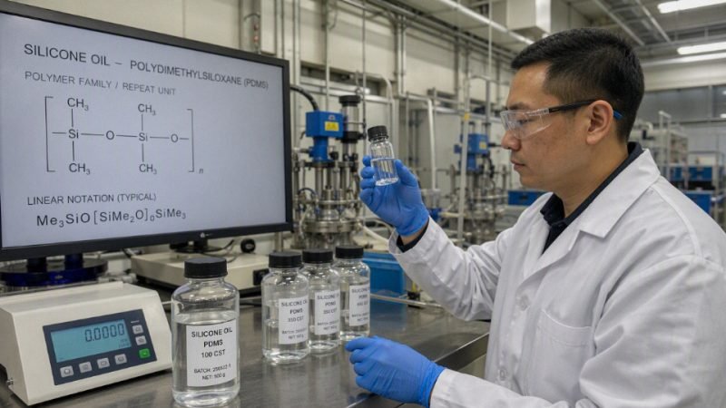 Clear silicone oil being inspected in an industrial laboratory with PDMS formula overlay