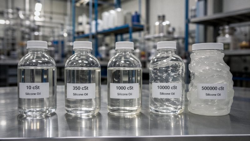 Multiple labeled containers of silicone oil in different viscosity grades arranged in an industrial laboratory setting