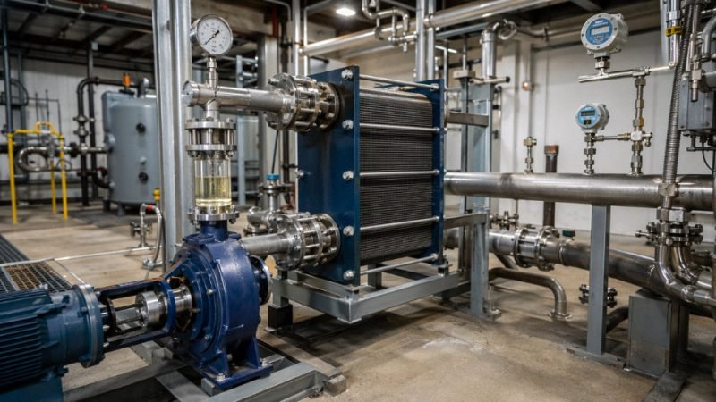 Industrial forced-circulation thermal system with silicone oil heat transfer fluid running through stainless steel pipework and a plate heat exchanger