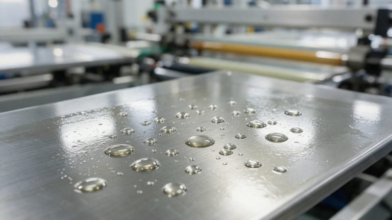 Water droplets beading on a silicone-oil-coated industrial metal surface