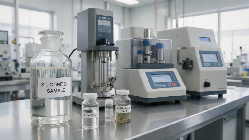Clear silicone oil sample with contamination testing setup in an industrial laboratory