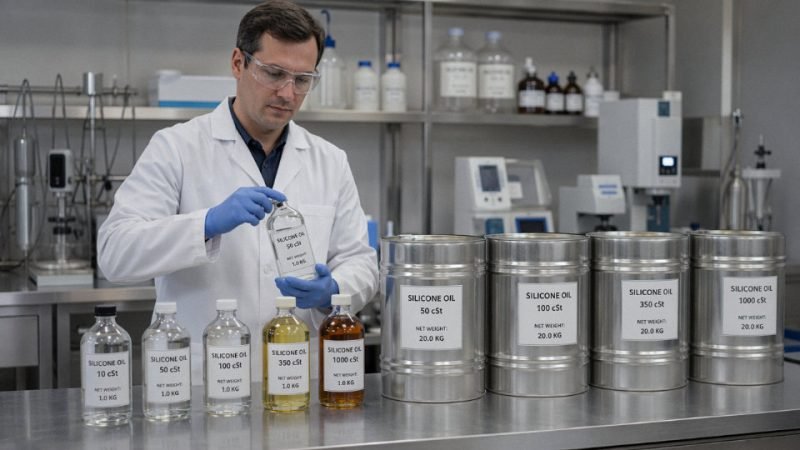Industrial laboratory worker handling multiple grades of specialty silicone oil in labeled containers on a stainless steel workbench