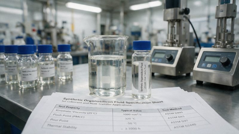 Clear silicone oil sample in an industrial quality-control setting